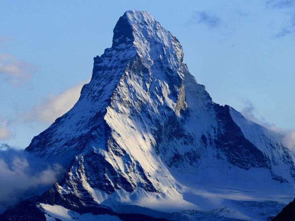 The Swiss Alps’ iconic Matterhorn owes its extraordinary sharpness to glaciers that plucked away at its sides. Notice the massive body of glacier ice at bottom-right!