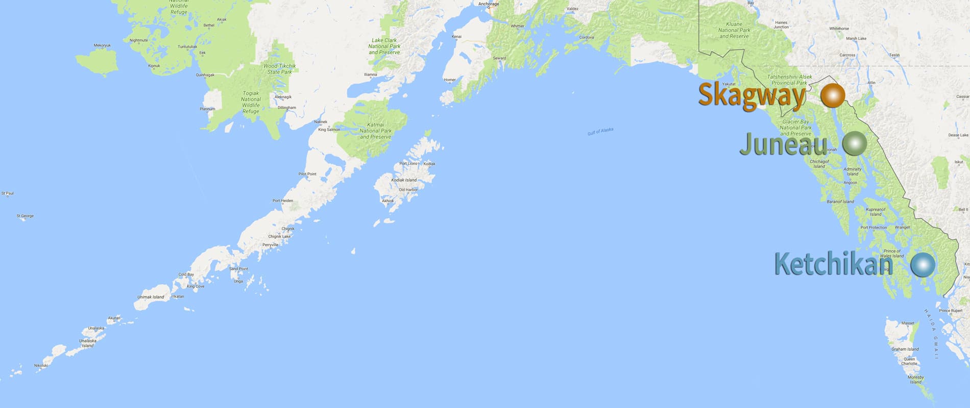 As enormous as the Last Frontier is, it can be easy to forget just how far apart the major ports of the Inside Passage are! As can be seen in this general map of southern Alaska, Skagway and Ketchikan, for example, are some 300 miles from one another even as the crow flies!
