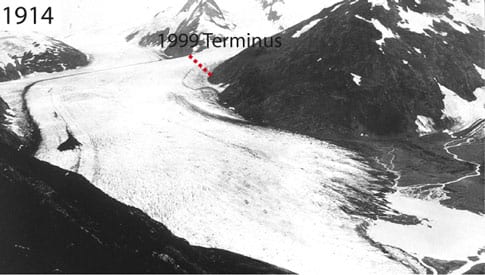 Portage Glacier, between Anchorage and Whittier, has retreated hundreds of yards in the past century. Notice its 1914 position as compared to its extent in 1999.