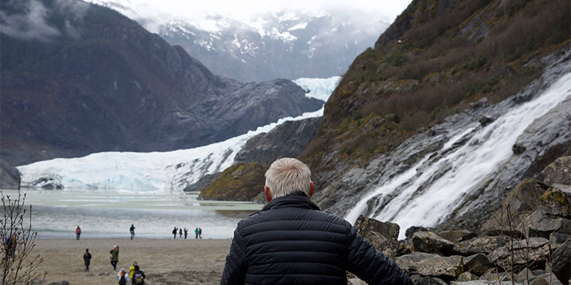 Even on rainy days, you can still see the famous glaciers of Juneau. The walk out to Nugget Falls from the Glacier visitor center, on the Mendenhall Glacier & Whale Watch combo tour, is pleasant in almost any weather.