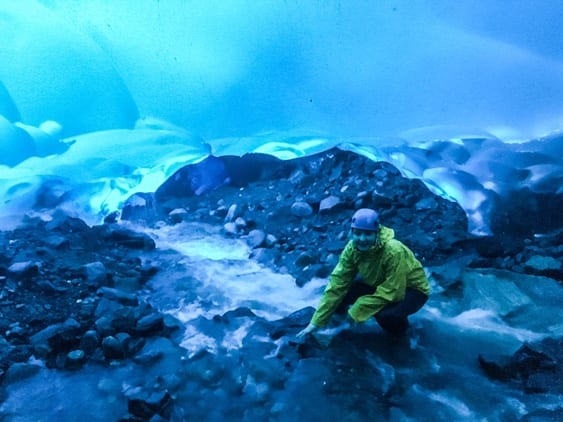 This shot, taken on our Mendenhall Glacier Trek, shows meltwater rushing under the surface of the Juneau glacier.