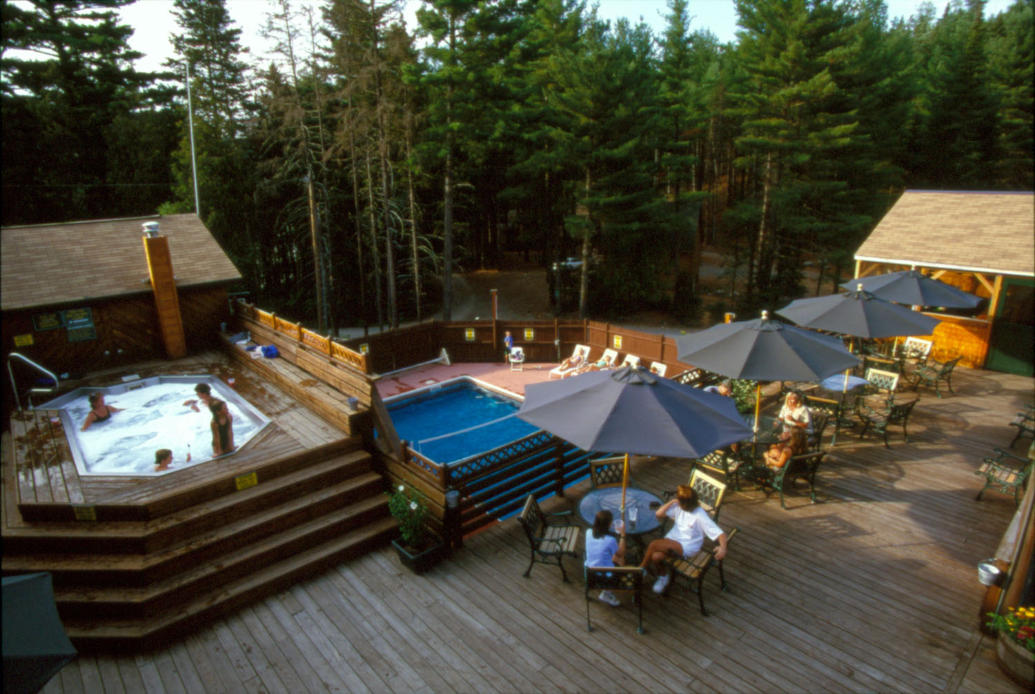Enjoy the swimming pool in the summer, and the giant hot tub year-round at the Kennebec River Brewery at Northern Outdoors.
