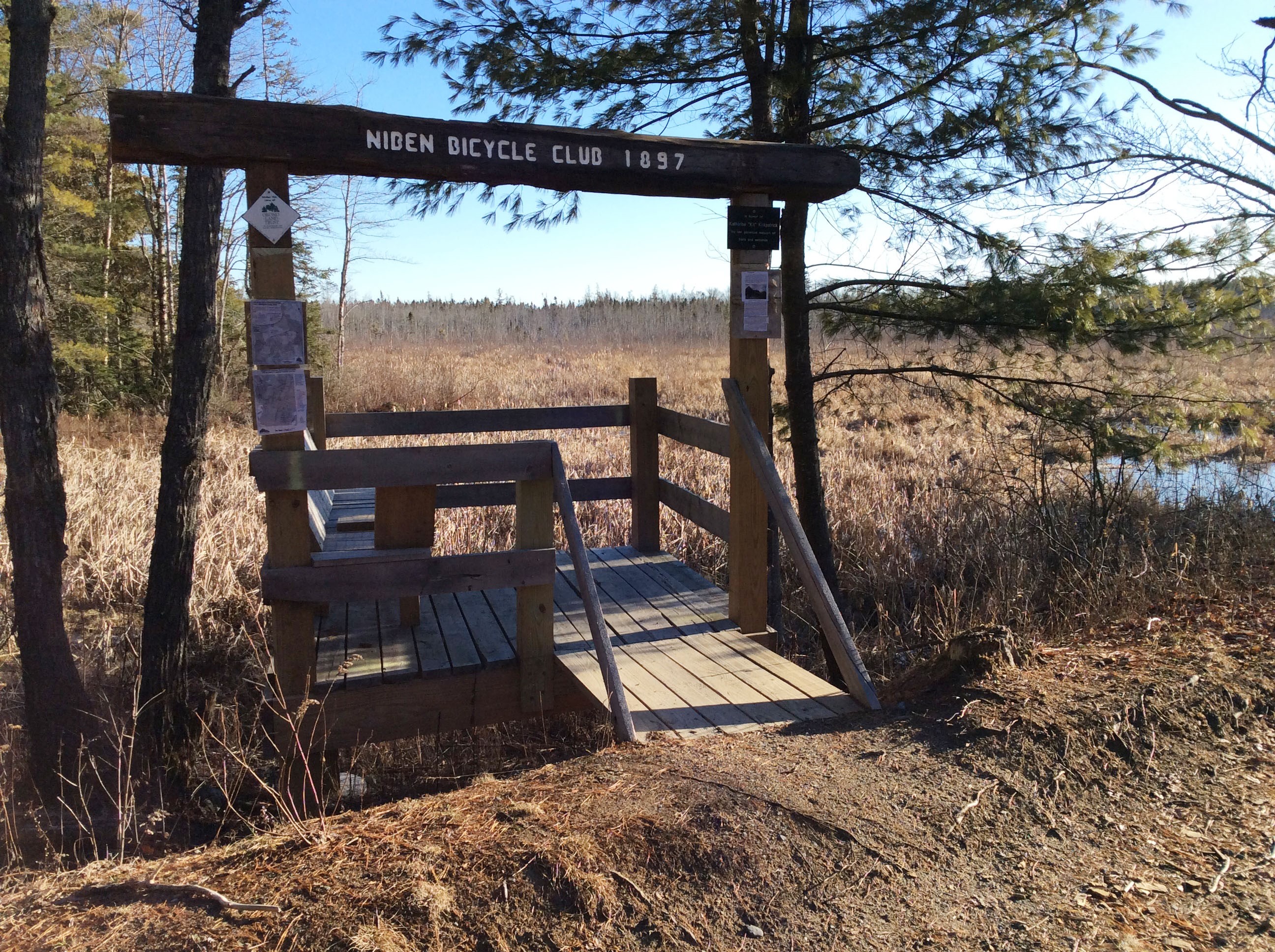 This viewing deck is located alongside the Veazie Railroad trail in Orono, off Forest Avenue. Built by Orono Land Trust volunteers, it provides respite and a view of the varied pond life. 