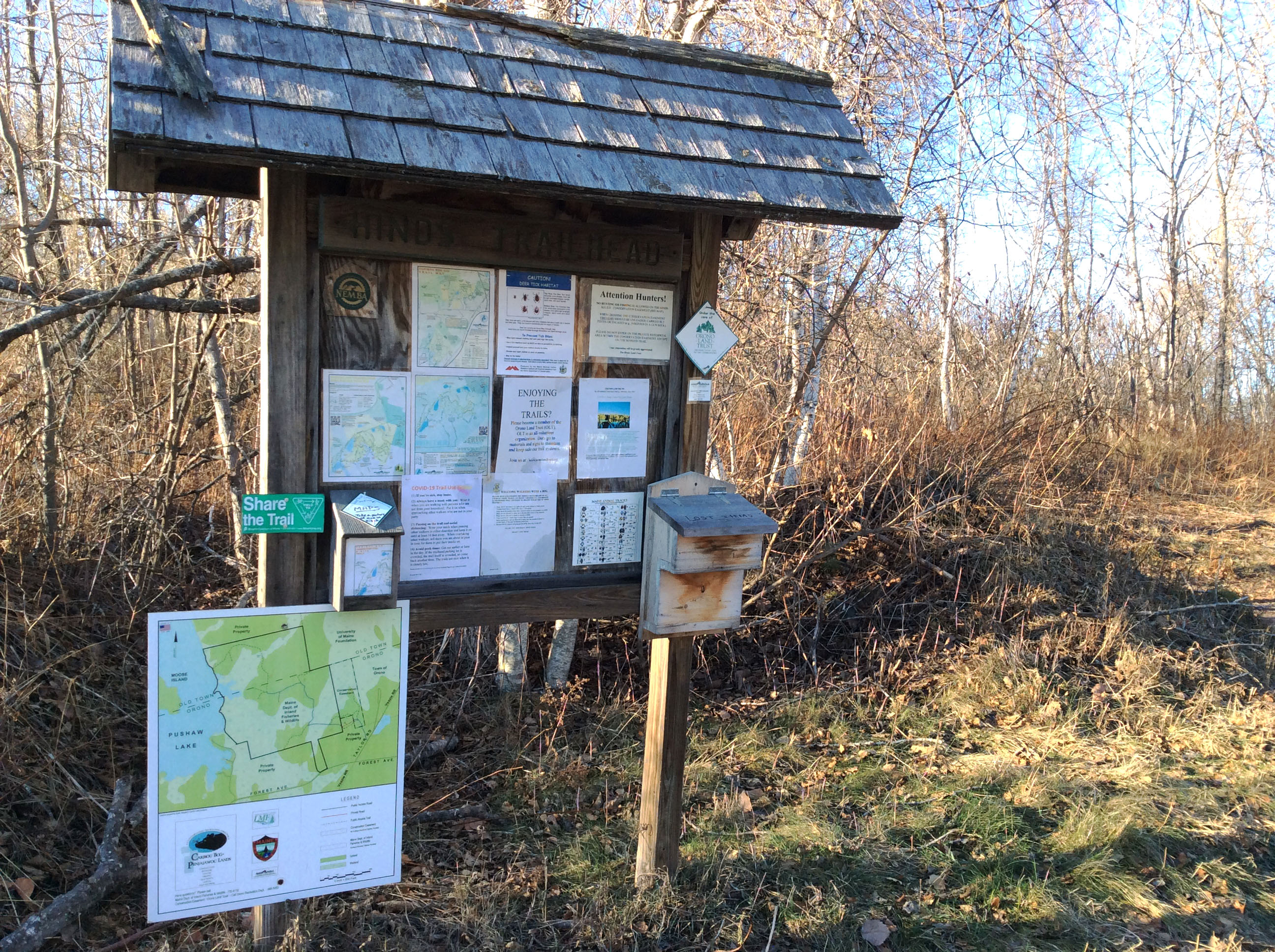 Trails at the Caribou Bog Conservation Area (CBCA) are well marked. This Taylor Road kiosk displays maps and information for the hiker, biker or ski enthusiast.