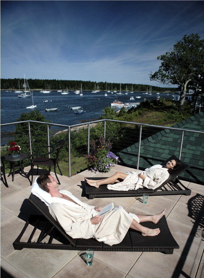 Relaxing on the deck of Midcoast Maine's only waterfront spa