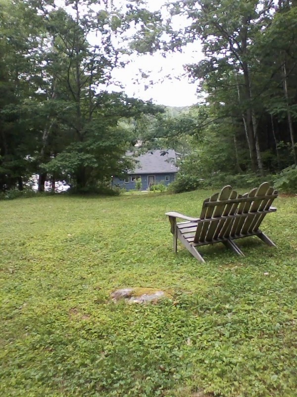Bench overlooking cottage and lake