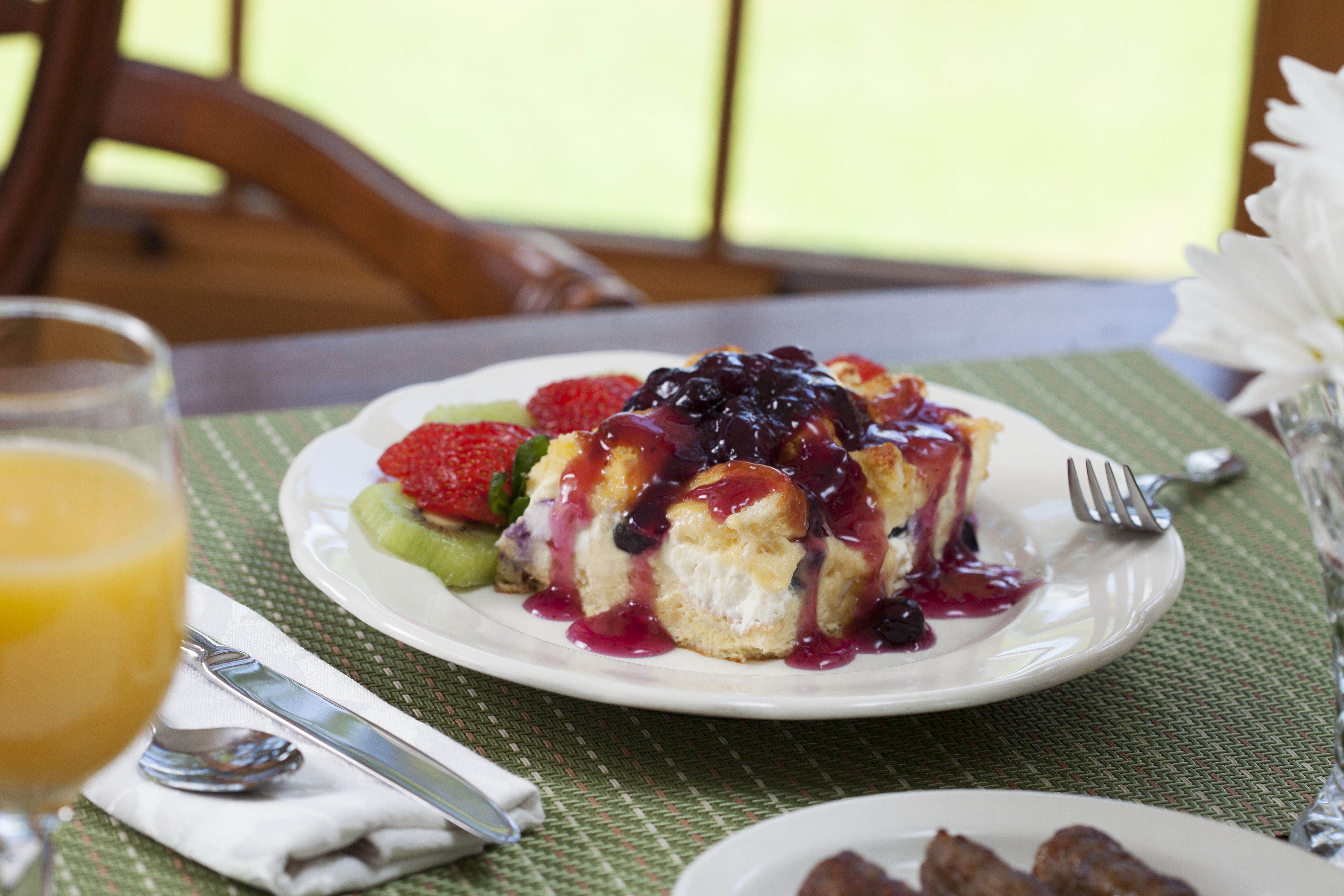 We make a killer breakfast at the Wolf Cove Inn, often featuring Baked Blueberry Stuffed French Toast with Homemade Blueberry Syrup.