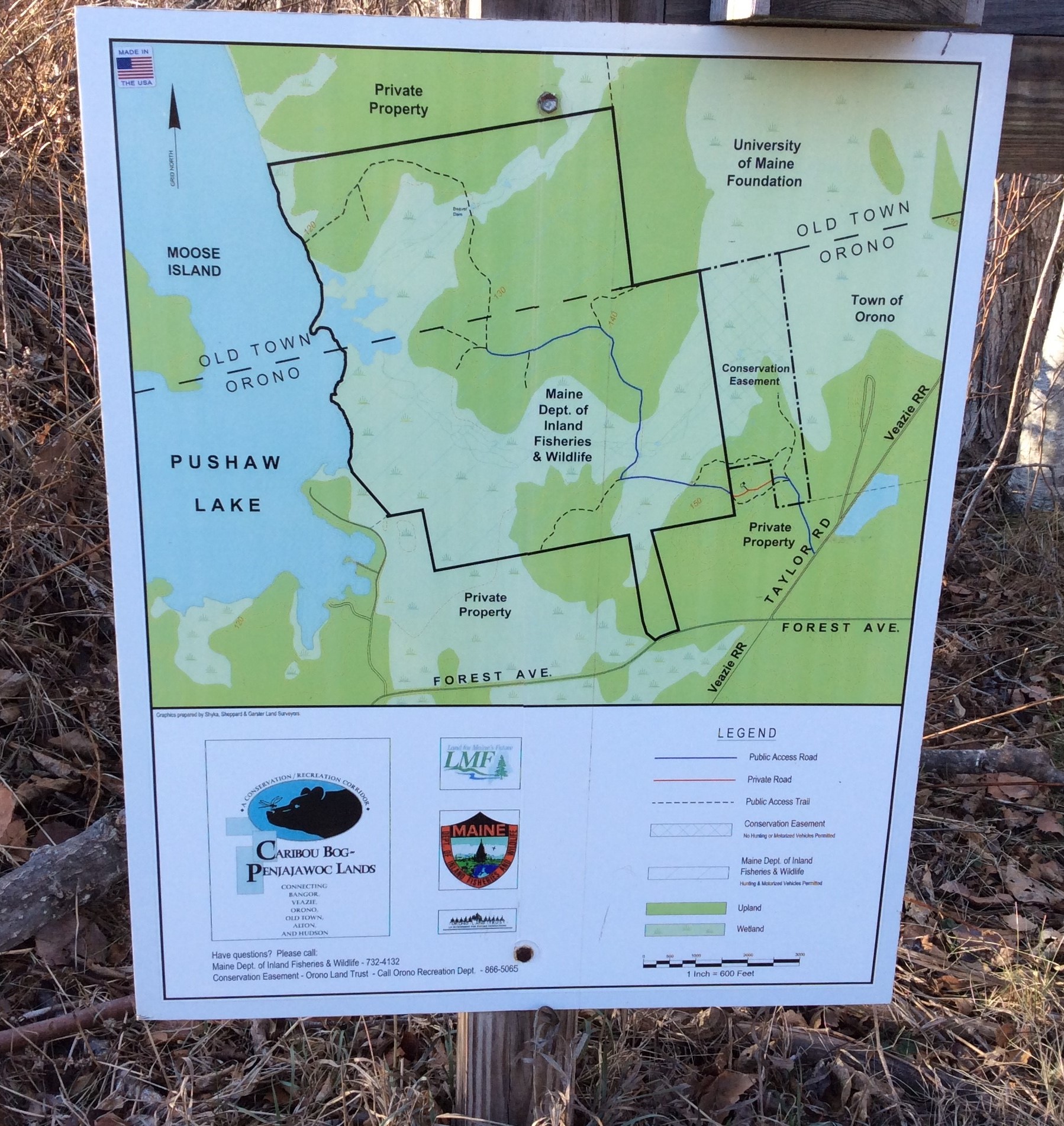 Orono Land Trust properties have kiosks and mapped trails like this one at Caribou Bog Conservation Area off Taylor Road in Orono.