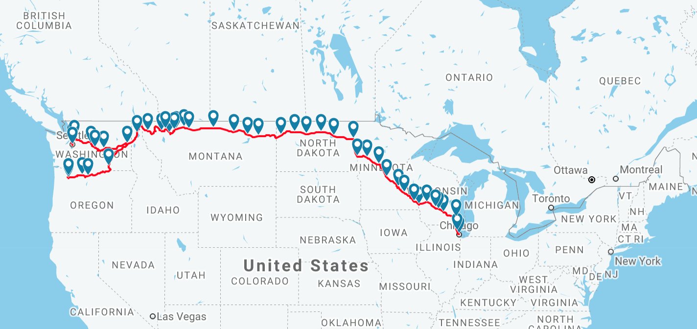 map of the USA with Amtrak stops on the Empire Builder route