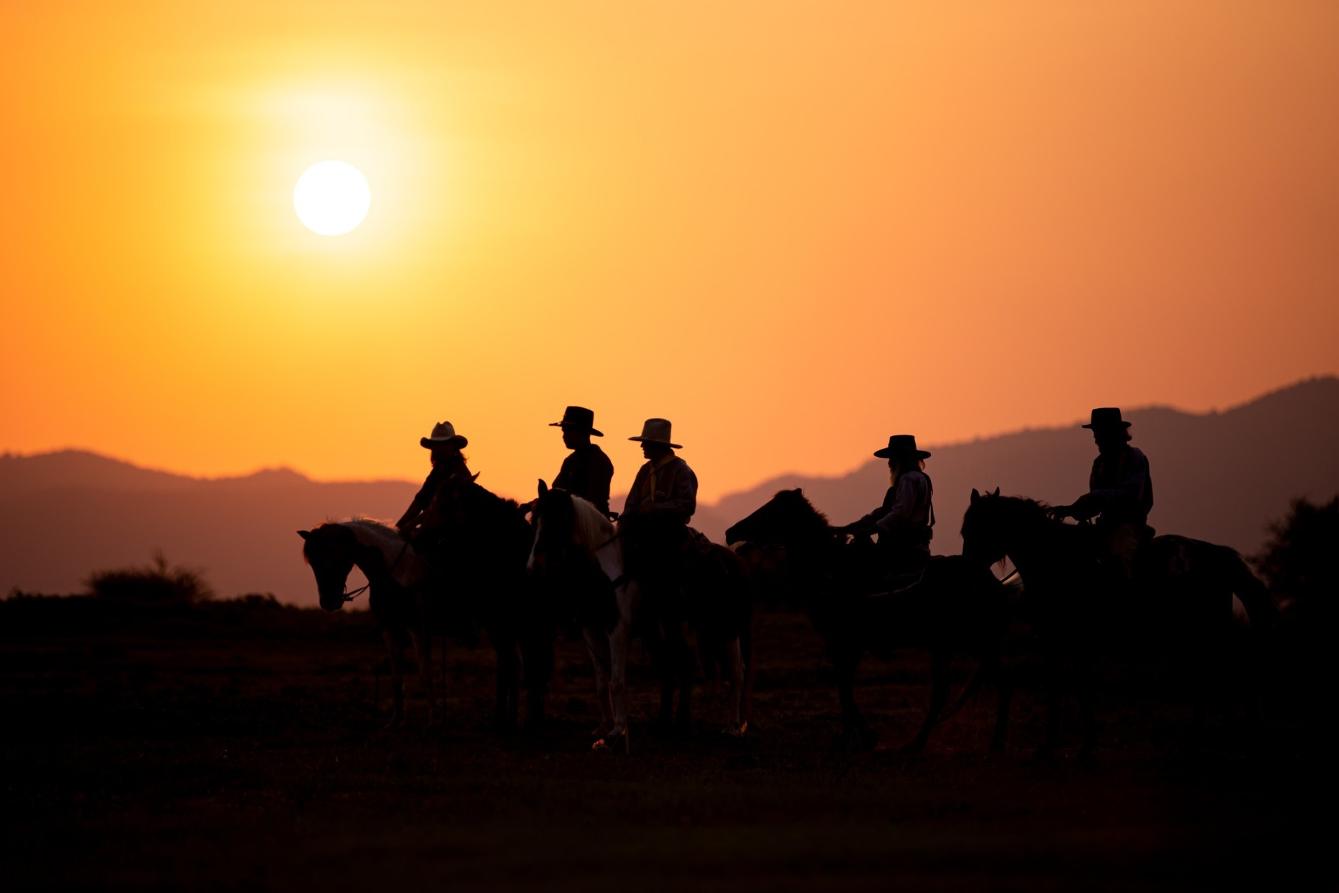 people on horseback in sunset