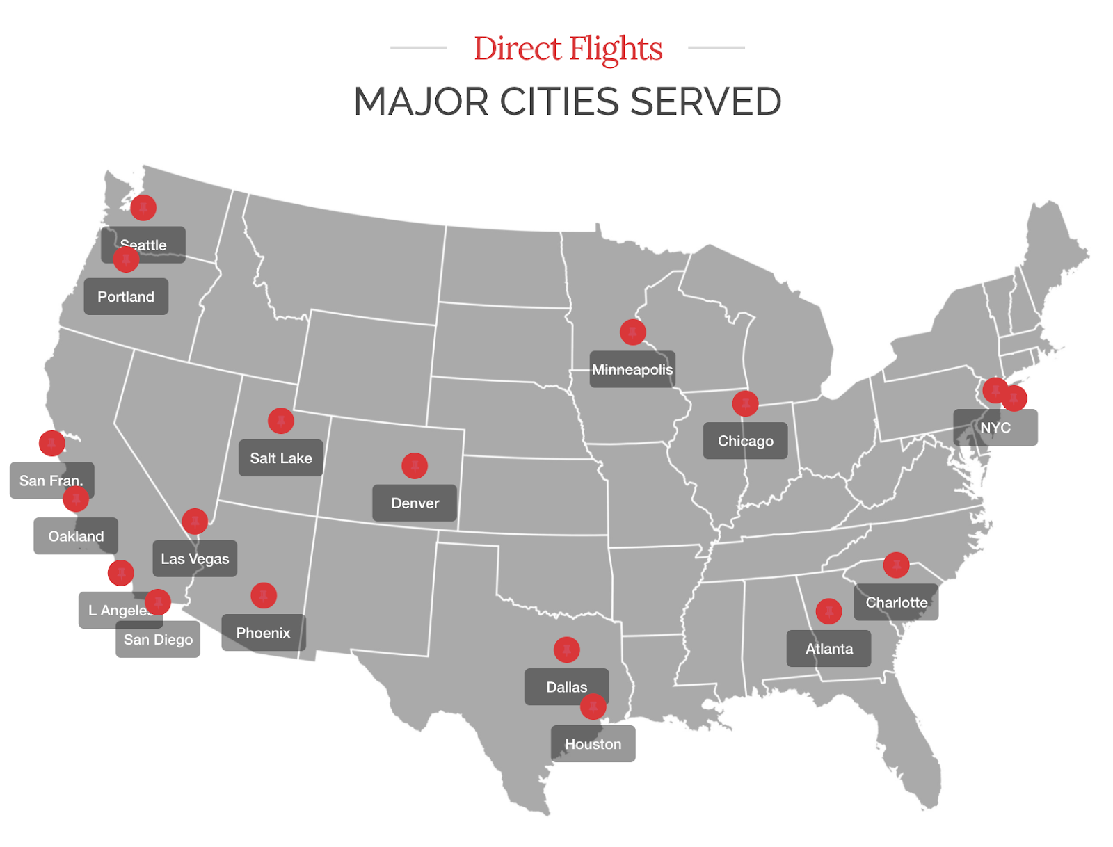 map of the US with direct flights to Glacier National Airport