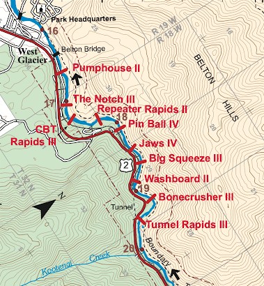 map of rapids on Middle Fork by Glacier National Park