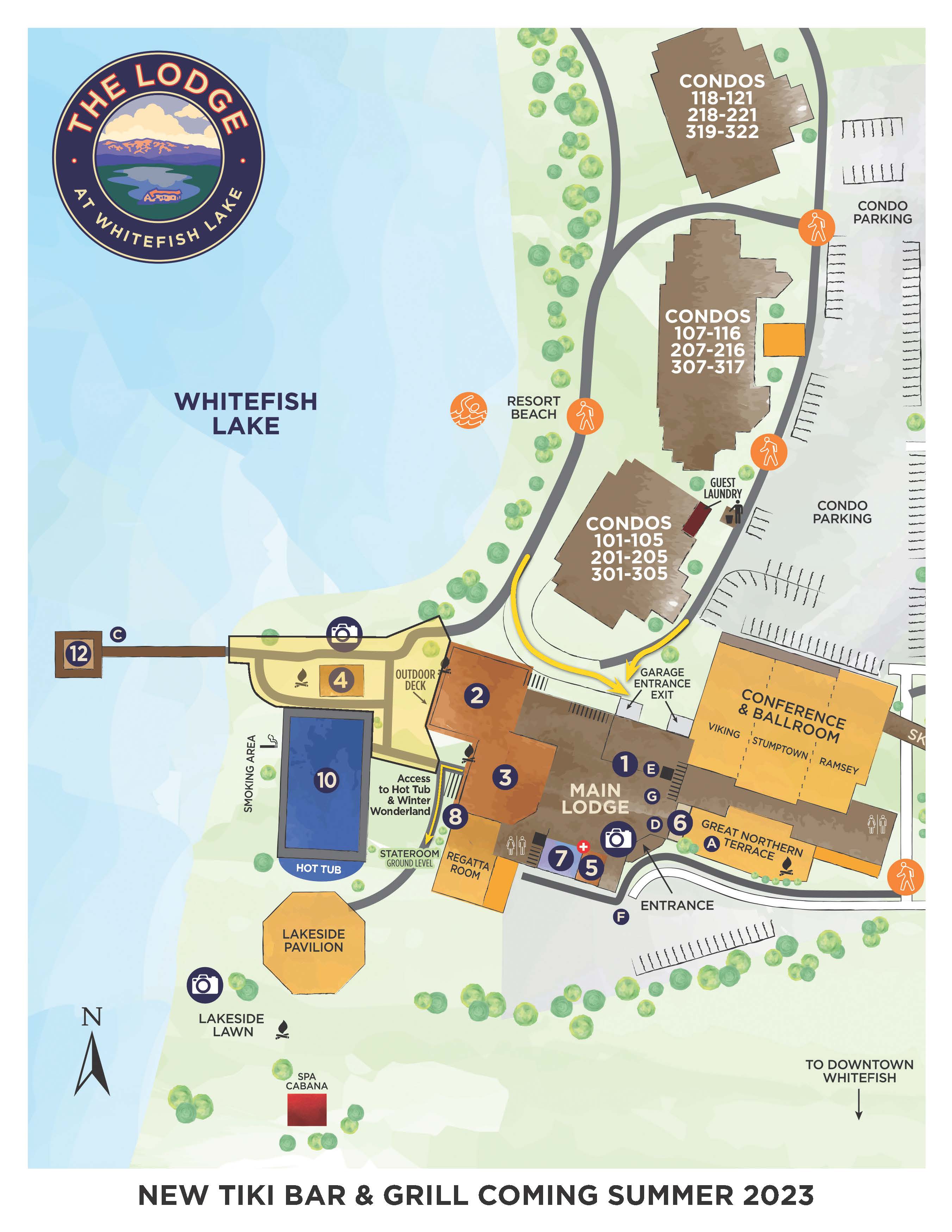 Property Map showing Tiki Bar closure area and reroute to the lakefront hot tub and south lawn.